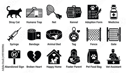 Detailed black and white vector icons representing pet care, animal welfare, rescue, and adoption processes, ideal for veterinary clinics, animal shelters, and educational resources.