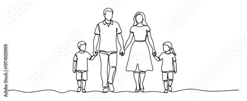 Family of four people walking together holding hands representing unity and togetherness suitable for parenting and childhood themed promotions