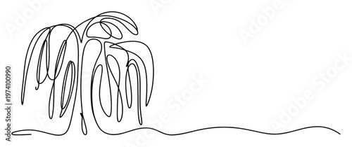 Elegant continuous line art drawing depicting a graceful weeping willow tree, perfect for minimalist nature themes, modern graphic applications, or peaceful decorative elements
