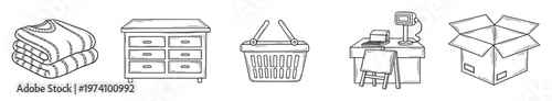 Hand drawn outline icons representing everyday household items, retail essentials, and storage solutions perfect for various business presentations, digital applications, or informational