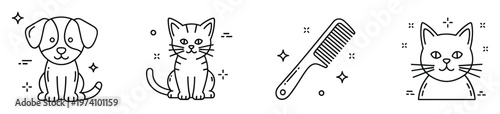 Simple line icons of adorable dog, cute cat, and grooming comb, perfect for pet care branding, animal rescue materials, or veterinary clinic signage needs