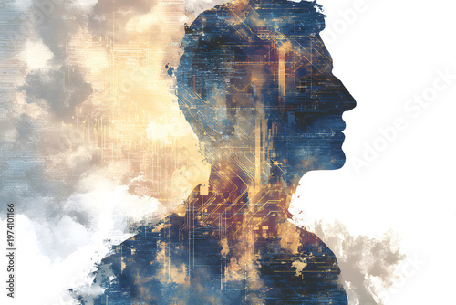 Silhouette of a man with digital patterns and clouds in the background at sunset