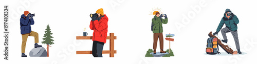 Set of Flat Vector Illustrations Featuring Outdoor Travelers and Photographers Taking Pictures in Nature with Cameras and Smartphones