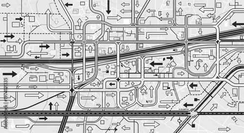 Detailed Urban City Map with Traffic Flow and Infrastructure.