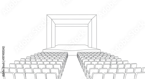 Line drawing of an empty theater with tiered seating and a stage