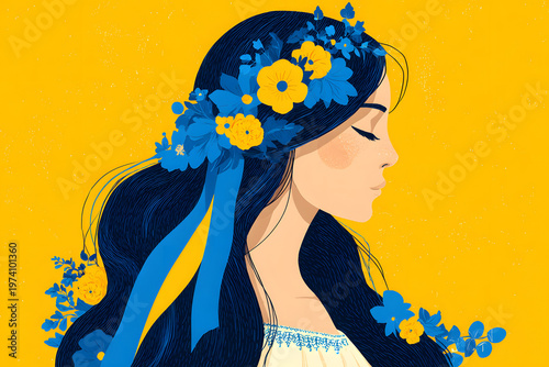 Woman with blue flowers in hair stands against yellow background