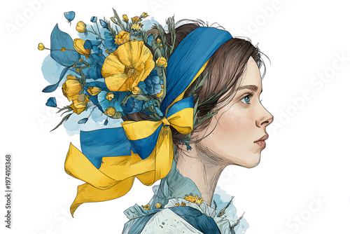Ukrainian woman with flowers and ribbons in traditional attire during a cultural event in springtime