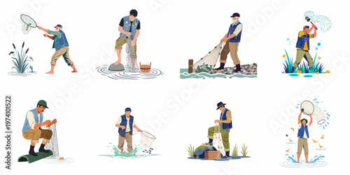 Collection of diverse flat vector illustrations showing fishermen using various nets to catch fish and crabs in outdoor environments.