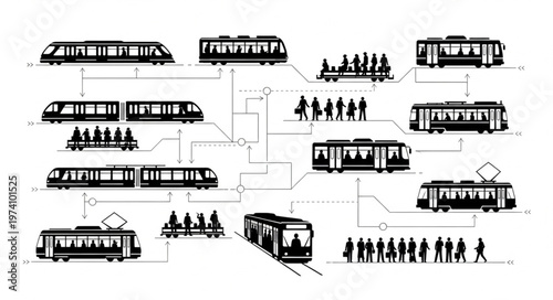 Diagram of public transportation systems with trains and people.