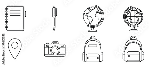 Essential linear icons for travel and learning featuring a notebook, pen, globe, map pin, camera, and backpack ideal for modern graphic design and digital media projects
