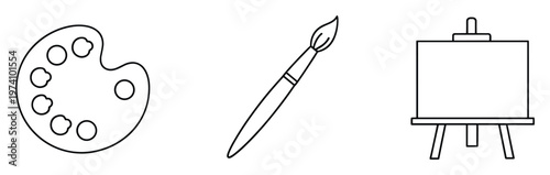 This collection of essential painting tools including a painters palette, a classic paintbrush, and a versatile easel with a canvas provides perfect visual assets for various graphic design