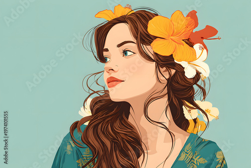 Woman with flowers in hair enjoys sunny day outdoors in colorful dress