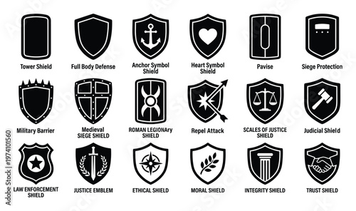 Collection of various shield icons including ancient military, law enforcement, justice, and symbolic defense emblems useful for graphic applications and protective themes