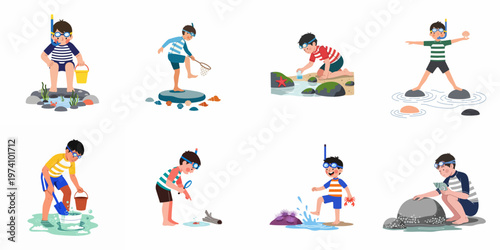 Set of illustrations depicting a young boy in swimwear exploring marine life and tide pools at the beach during summer vacation.