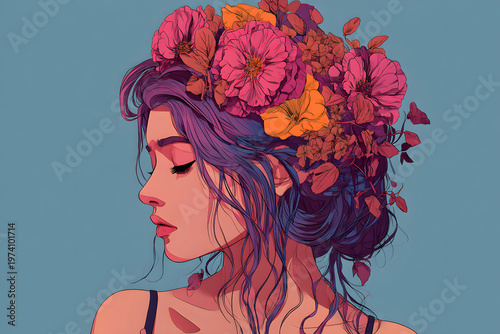 Woman with flowers in her hair looking sideways during daylight hours