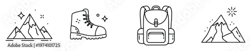Line icons illustrating essential elements for outdoor adventure including mountains, a hiking boot, and a backpack, suitable for travel and camping themed applications.