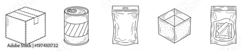 Black and white line drawings of various product packaging forms including boxes, cans, and bags for logistics, retail, and food industry designs
