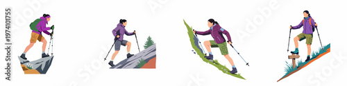 Set of vector illustrations of a female hiker trekking in the mountains, using gear like backpacks and poles on a white background.