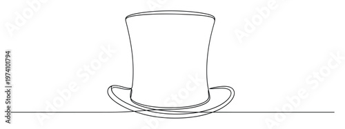 Minimalist single line drawing of a classic top hat, symbolizing elegance and magic, perfect for event invitations or theatrical program designs.