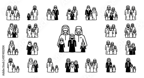 Diverse depictions of families in traditional attire, cultural representation.