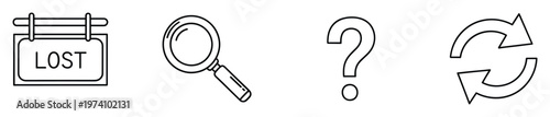 Essential outline icons for digital interfaces and conceptual representations featuring a lost sign, magnifying glass, question mark, and refresh arrows, ideal for web and app design.