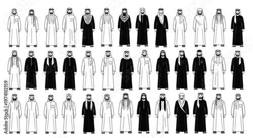 Diverse depictions of traditional Arab attire and cultural clothing.