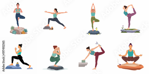 Collection of diverse women practicing various yoga poses in nature, flat vector illustration of mindfulness, balance, and wellness exercises isolated on white.