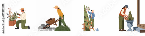 Collection of flat vector illustrations showing diverse gardeners performing tasks such as pruning, watering, and using a wheelbarrow, isolated on a white background.