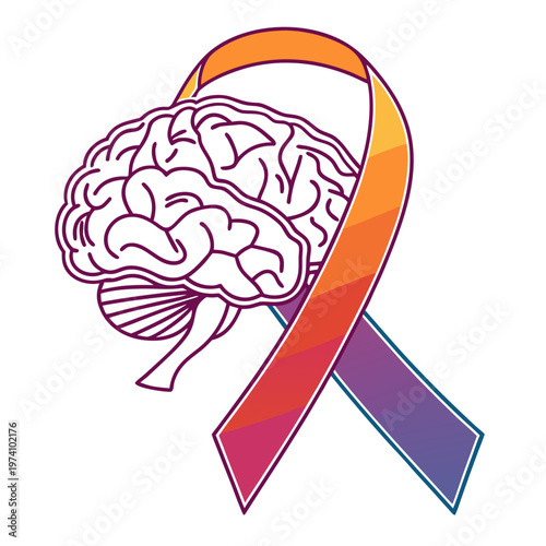 Creative brain illustration with colorful awareness ribbon symbol for mental health advocacy neurodiversity support and psychological wellness vector.