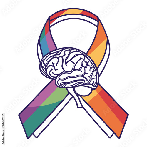 Mental health awareness ribbon with human brain icon for neurodiversity advocacy psychological support and medical campaign illustration vector design.