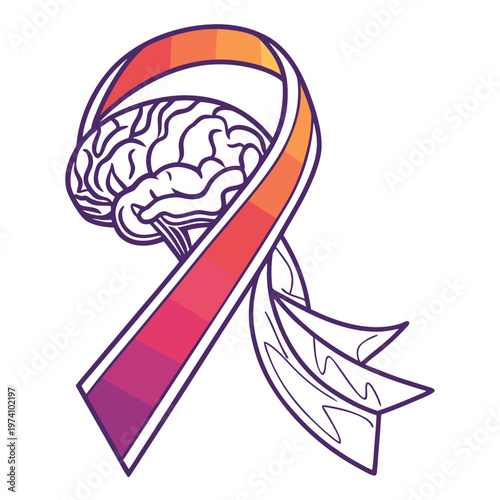 Brain illustration wrapped in colorful awareness ribbon for neurological condition support mental health advocacy and psychological wellness vector art.