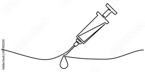Editable continuous one line drawing syringe vector for modern vaccination campaigns. Ideal for symbolizing clean medical injections and sleek clinic care.