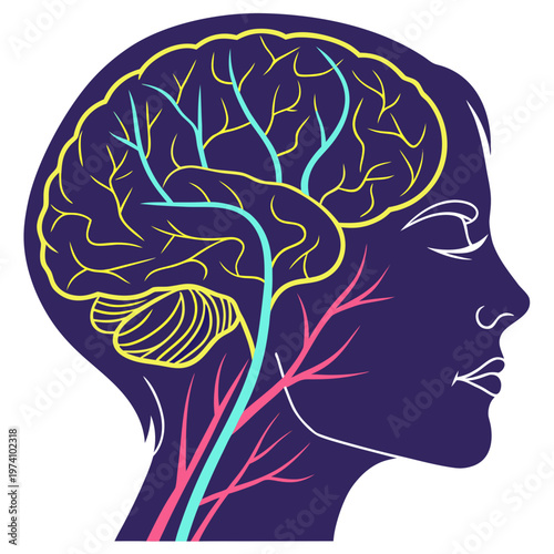 Human head profile with stylized brain circulatory system and neural network connections symbolizing cognitive function and mental health awareness.