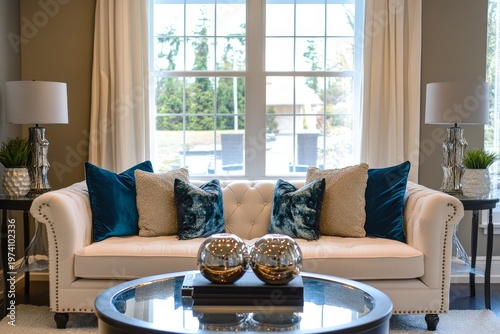 Bright home living room interior with an armchair, sofa, and decorative elements, set against a window that invites natural light, Generative AI