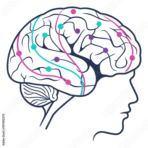 Abstract image showing human brain with connected lines and dots, representing neurological pathways and information flow.