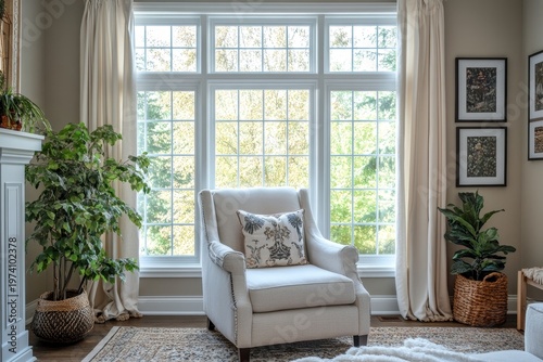 Bright home living room interior with an armchair, sofa, and decorative elements, set against a window that invites natural light, Generative AI