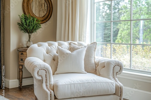 Bright home living room interior with an armchair, sofa, and decorative elements, set against a window that invites natural light, Generative AI