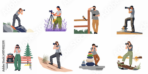 Collection of flat illustrations of male and female photographers capturing various nature landscapes like mountains, fields, and sunsets.