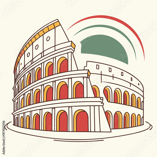 Coliseum vector drawing with italian flag colors arch above representing italy culture and history historic landmark architecture.