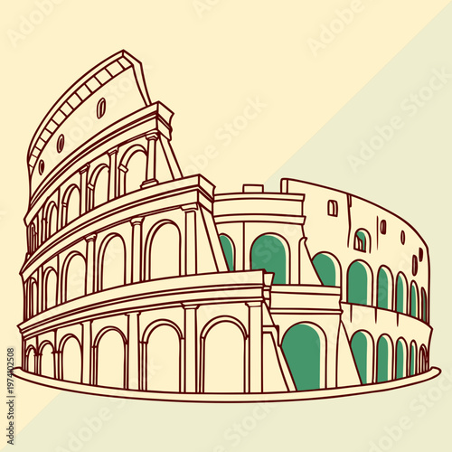 Coliseum simplified line art with minimal green accents depicting an iconic roman amphitheater architectural marvel of ancient times.
