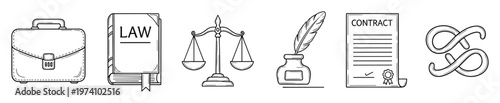 Collection of hand drawn legal profession objects including a briefcase law book scales of justice quill pen and contract document for business and education related presentations