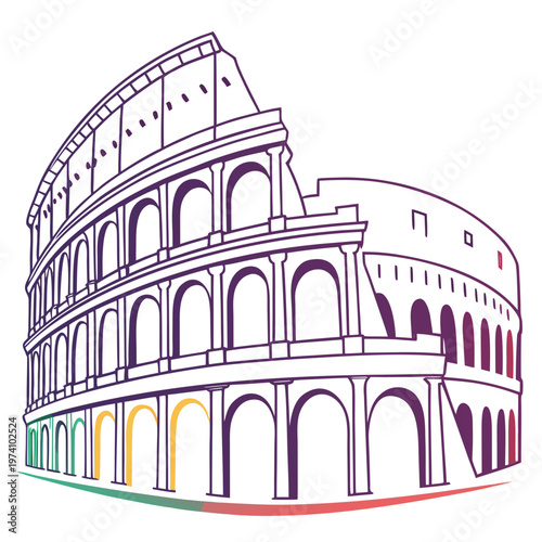 Coliseum outlined drawing with bottom arches showing italian flag colors representing rome historic architecture and national pride.