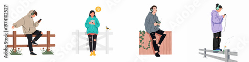 Set of illustrations featuring young people wearing hoodies and headphones while using mobile devices and listening to music outdoors.