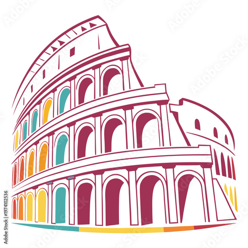 Colosseum rome landmark illustration with colorful arched structure and artistic abstract design representing italian culture and european heritage vector art.