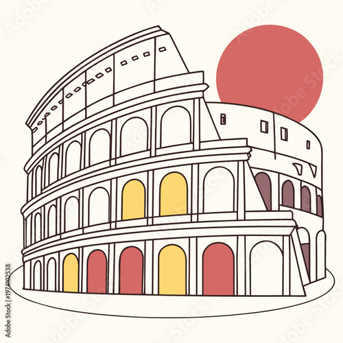 Colosseum rome landmark outline illustration with red sun and colorful archways representing italian heritage and historic roman architecture vector.