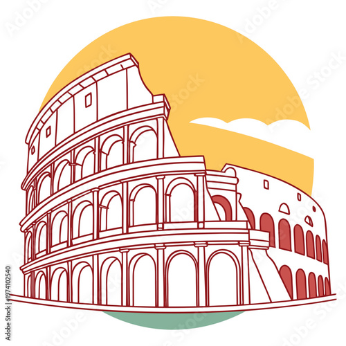 Colosseum rome landmark illustration with golden yellow sun and white clouds in background representing italian summer and historic architecture vector.