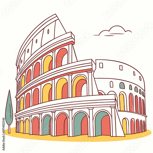 Colosseum rome landmark vector illustration with colorful arches and green tree representing italian landscape and historic architecture italian vacation.