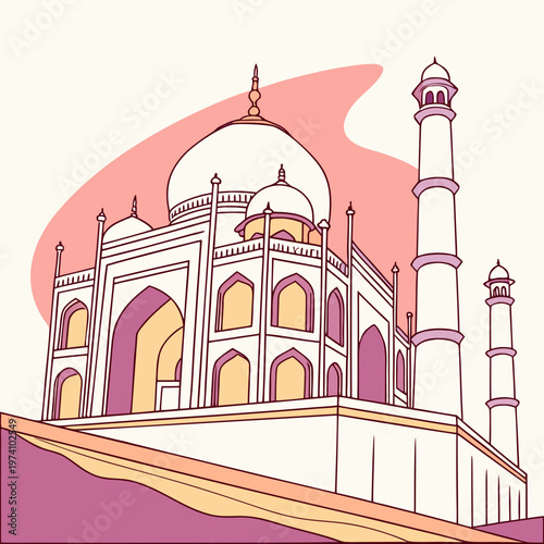 Detailed taj mahal vector illustration with pink background and soft color palette for india travel promotion and architectural heritage projects.