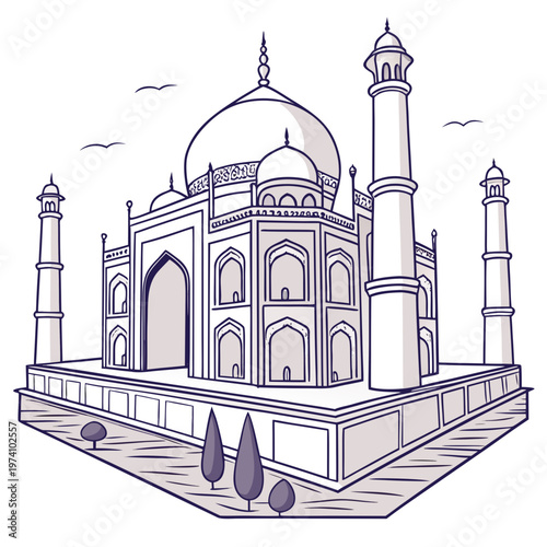 Elegant line drawing of taj mahal in india with decorative trees and birds in background for coloring book page or minimalist architectural design.
