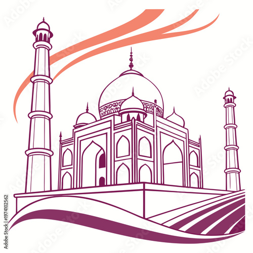 Taj mahal logo design isolated on white, beautiful building in agra india, architectural monument vector illustration.